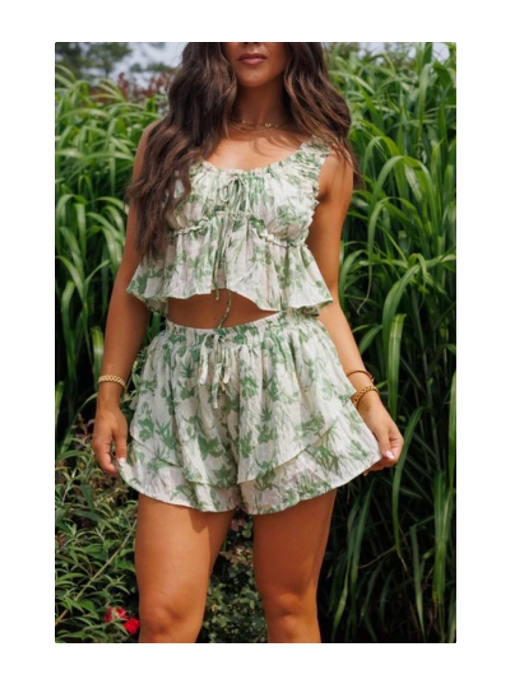 Green Floral Ruffle Two-Piece Set